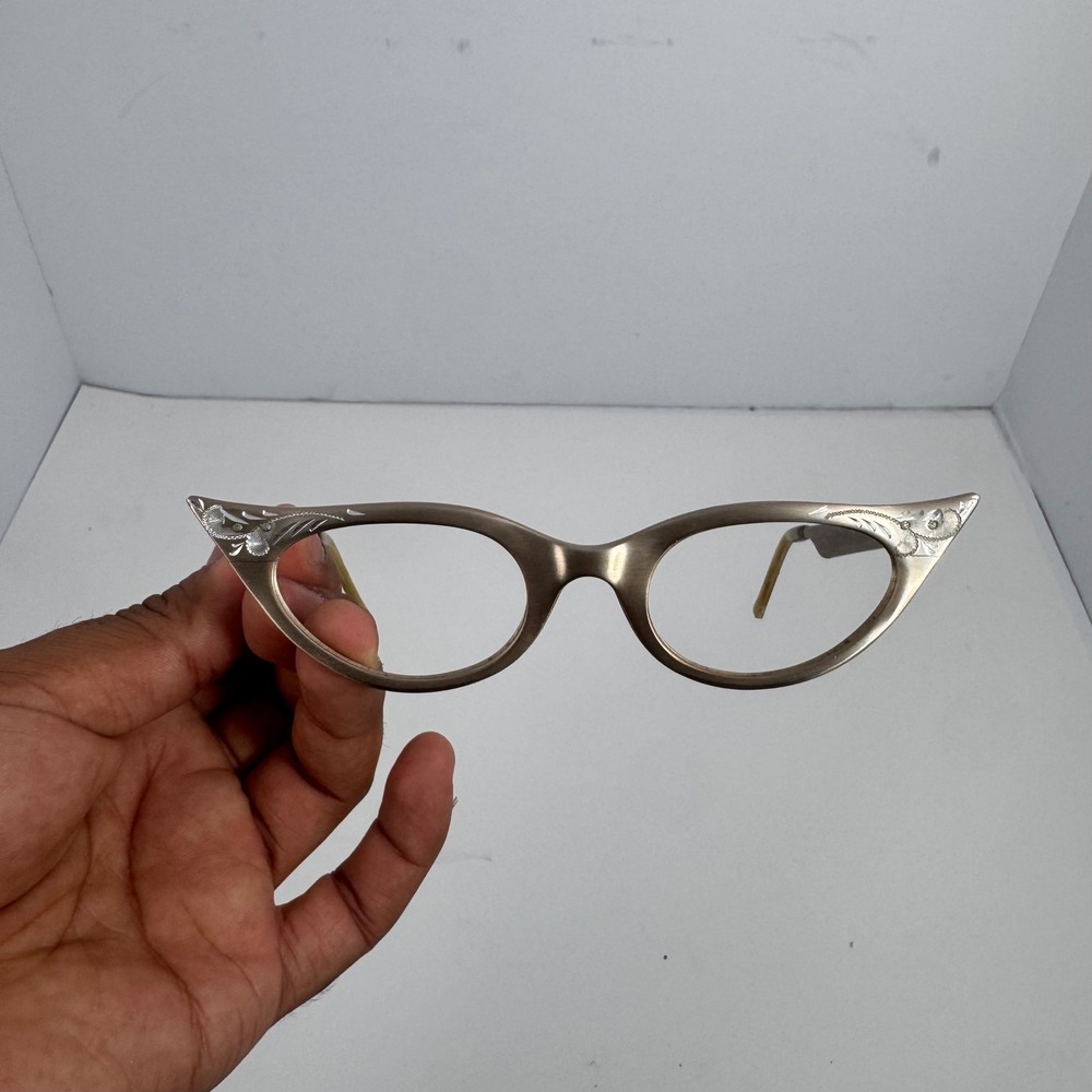 Vintage 1950s Cat Eye Eyeglasses Aluminum Engraved Floral Frame 44-21